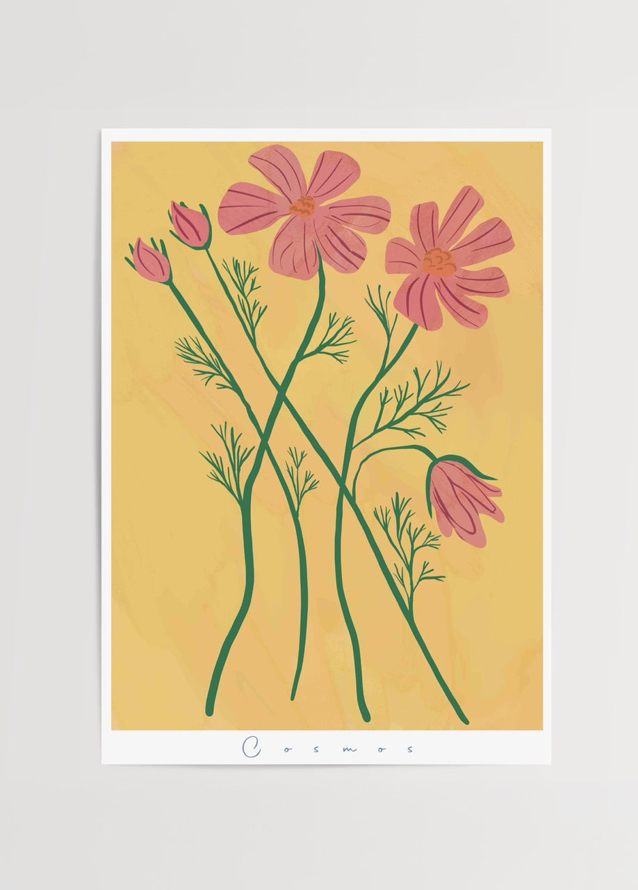 Vibrant cosmos flowers illustration on a warm yellow background.