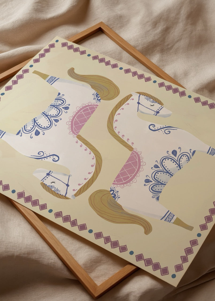 Illustrative cream-white carousel horse poster print, featuring intricate designs.