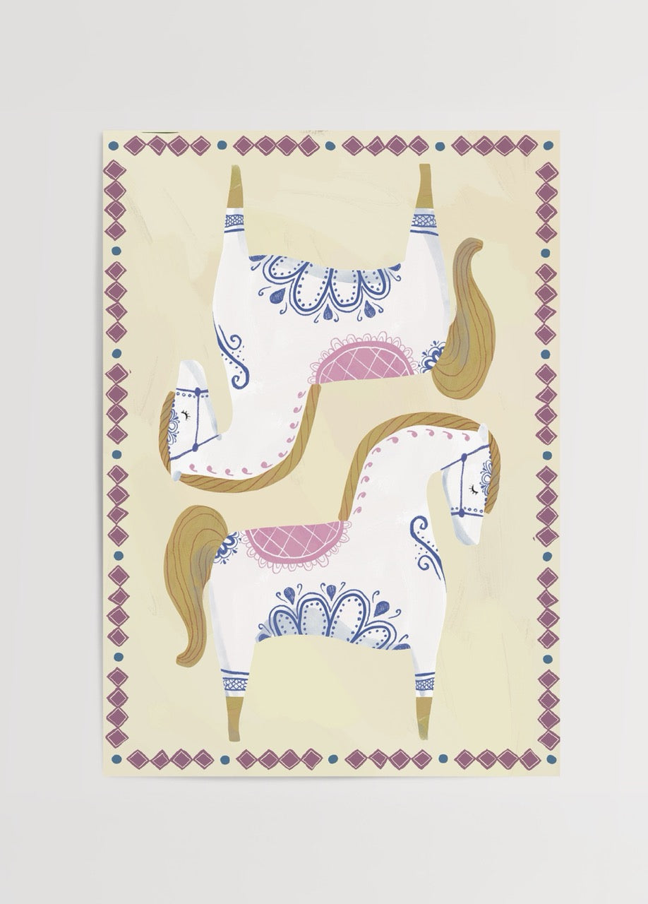 Illustrative cream-white carousel horse poster print, featuring intricate designs.