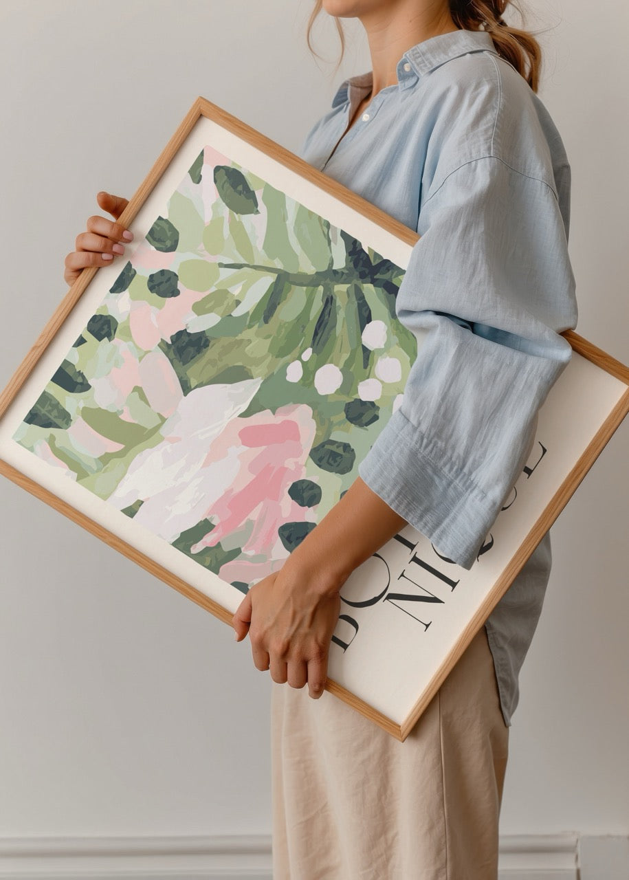 Botanical Harmony Poster Art featuring lush greenery and delicate floral elements in a vibrant palette.