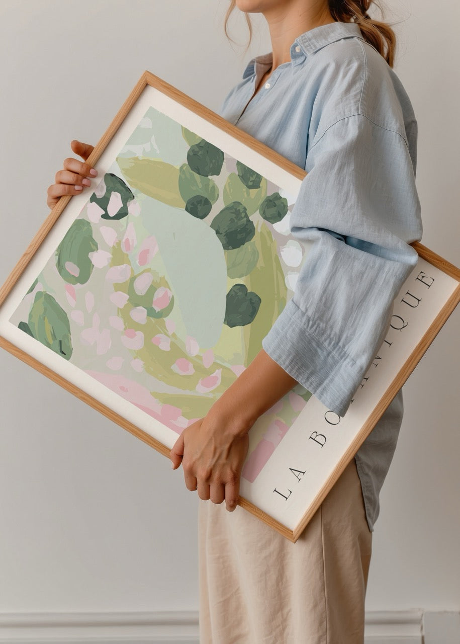 Pastel botanical poster featuring leaves and blooms for wall art.
