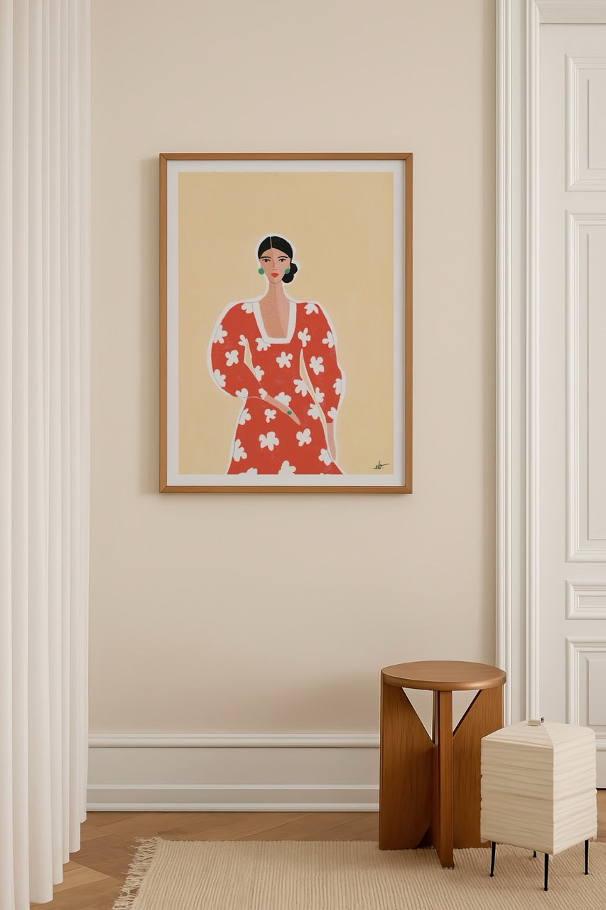 Vibrant artwork of a woman in a red floral dress against a warm backdrop.