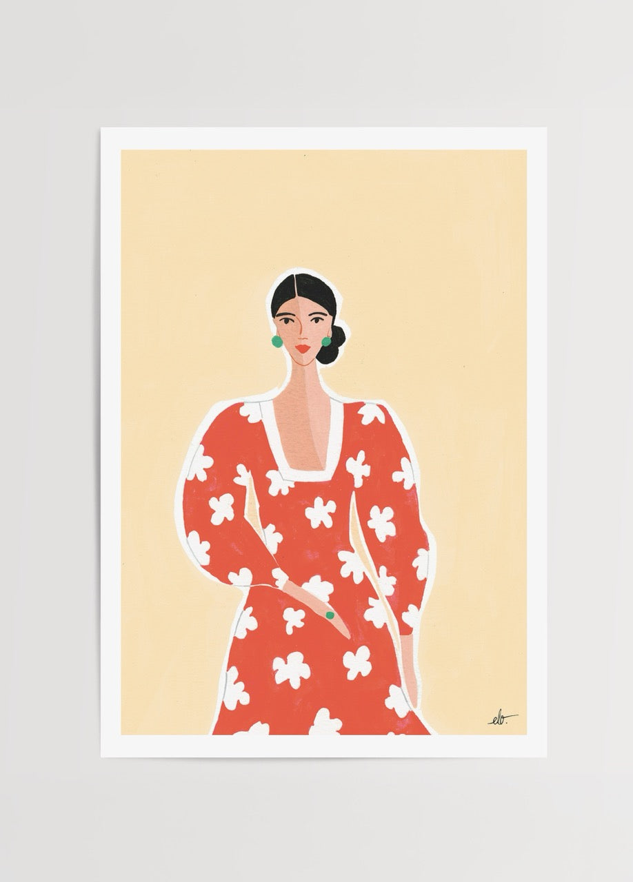 Vibrant artwork of a woman in a red floral dress against a warm backdrop.