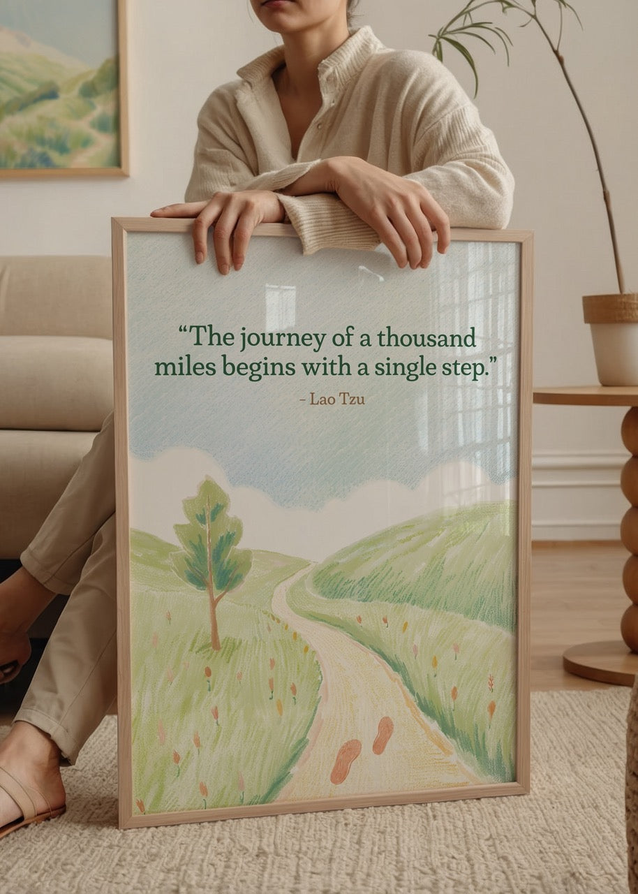 Lao Tzu quote poster featuring a tranquil path and landscape.