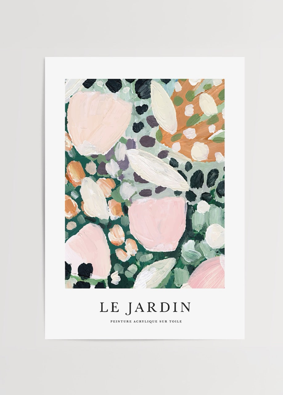 Abstract floral artwork featuring soft pinks and greens.