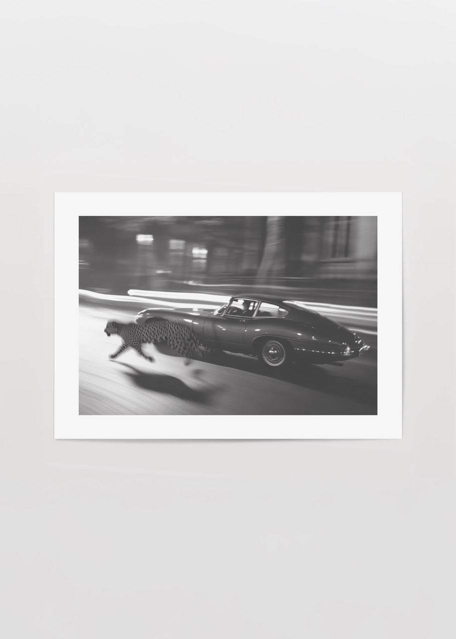 A dynamic black and white artwork featuring a leopard running alongside a vintage car.