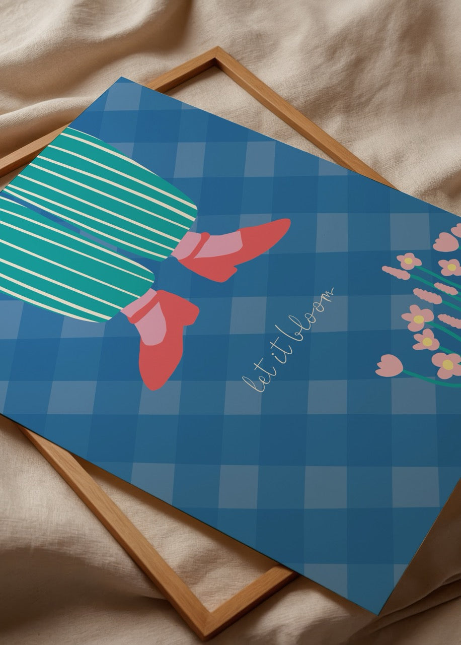A vibrant poster print featuring a whimsical design with flowers and striped pants.