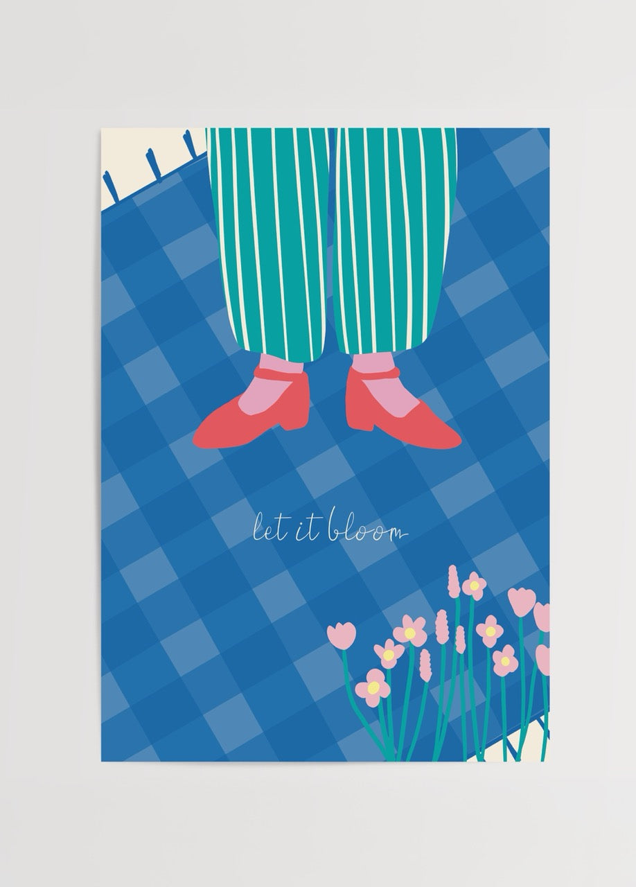 A vibrant poster print featuring a whimsical design with flowers and striped pants.