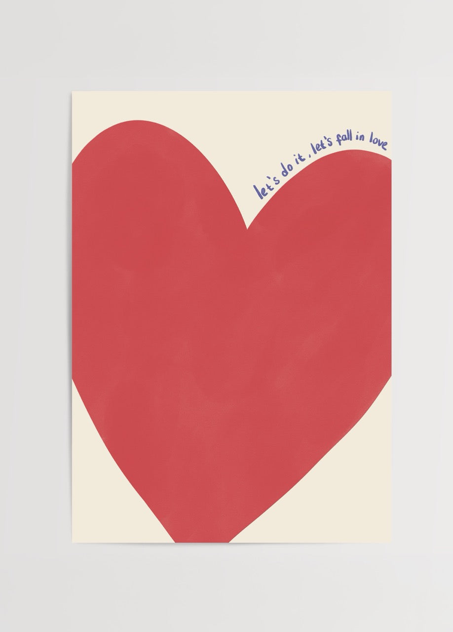 A vibrant red heart on a soft beige background with the text &