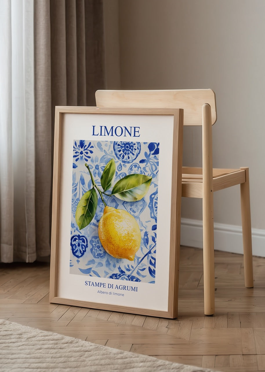 Vibrant lemon art print with blue floral background for interior styling.