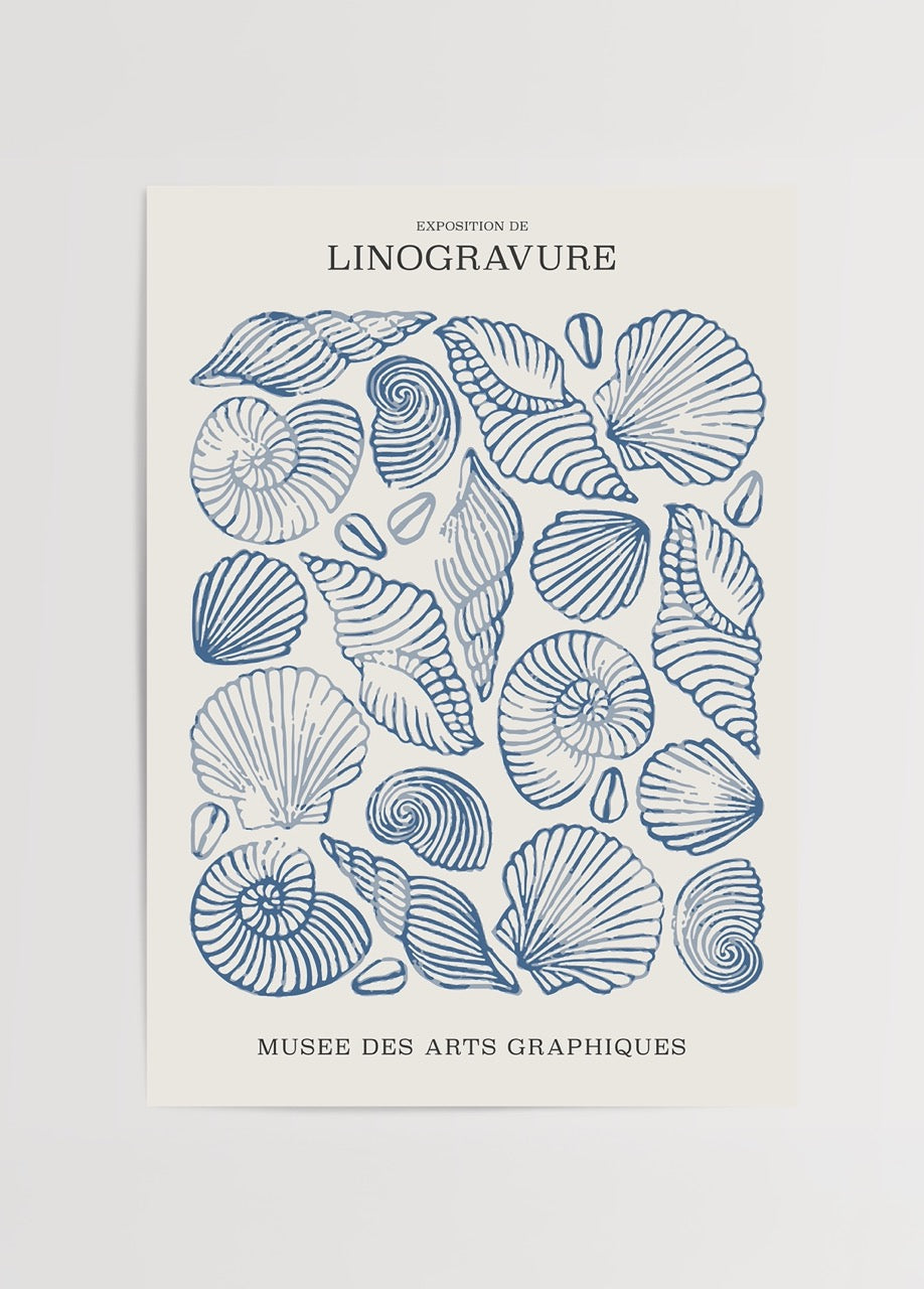 Intricate linocut print of shells in blue tones