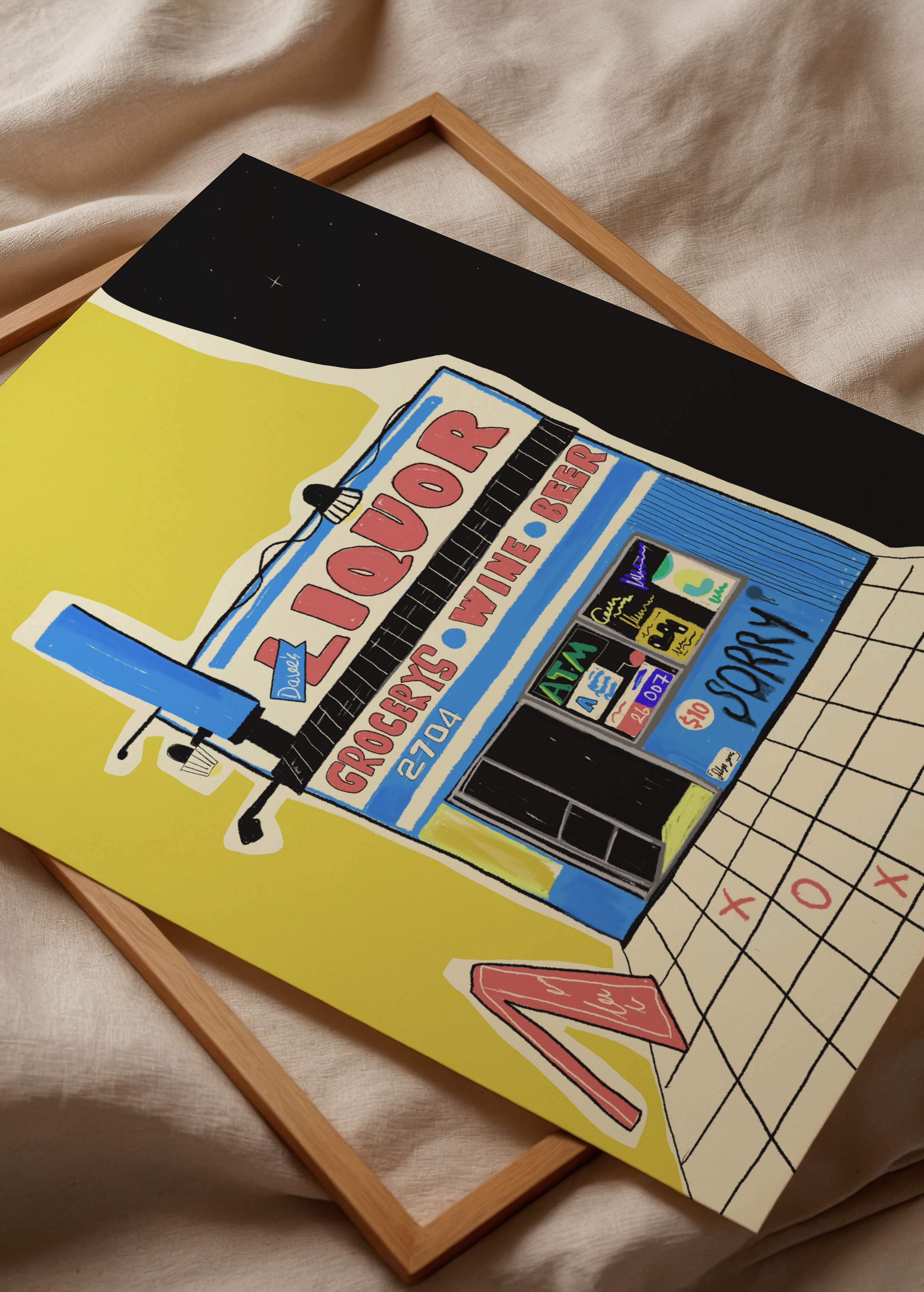 Vibrant liquor store illustration poster, perfect for wall art.