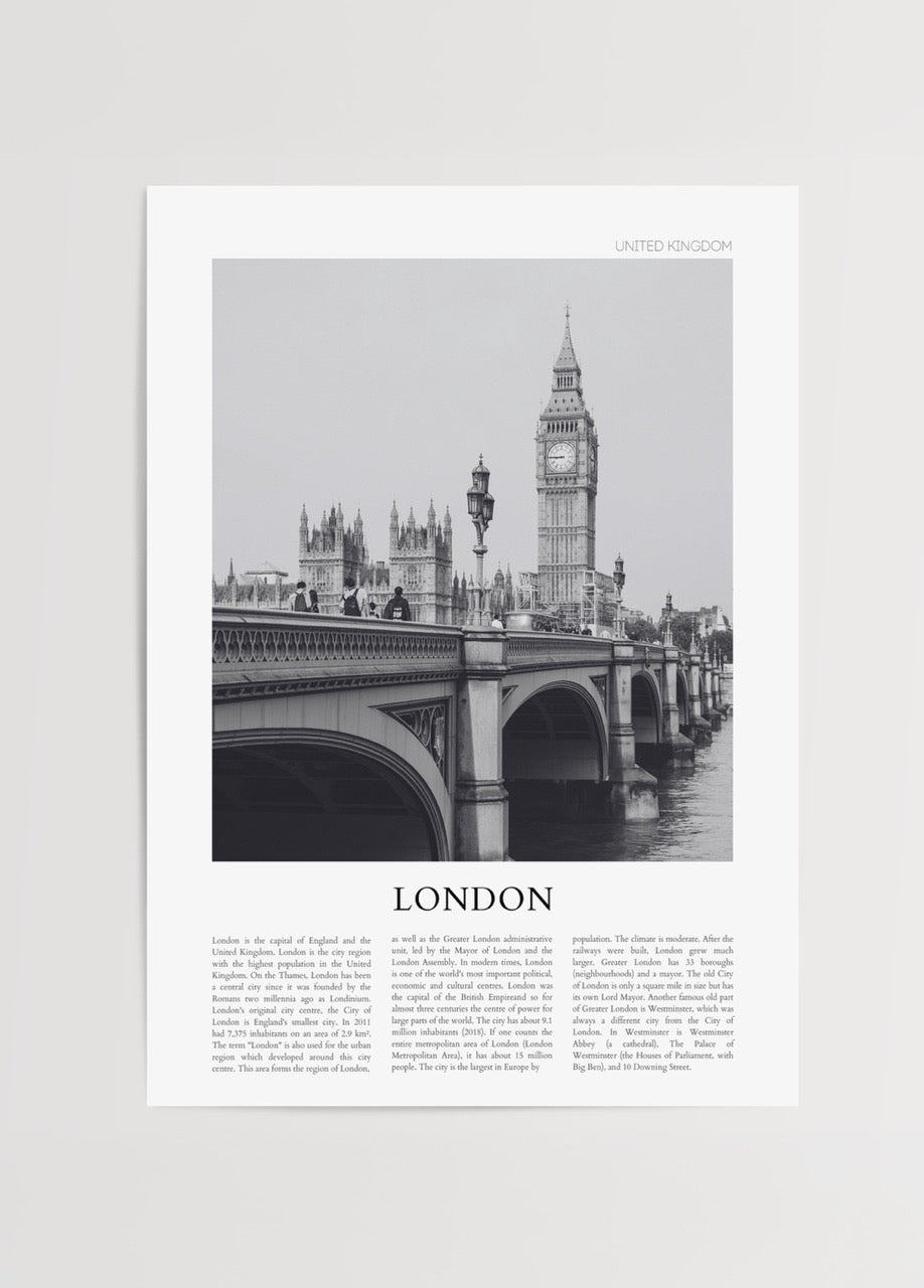 Monochrome artwork of Big Ben and Westminster Bridge in London