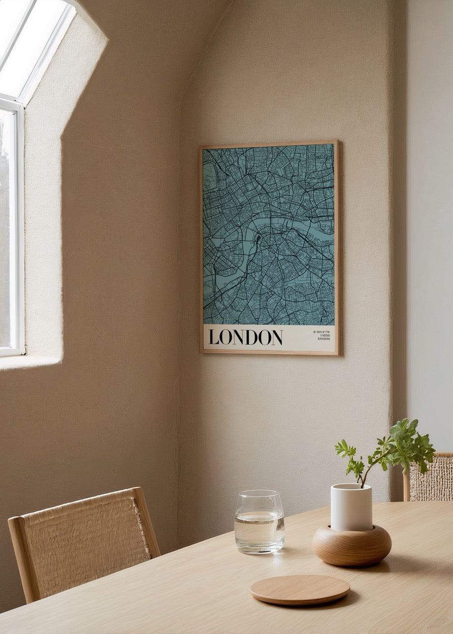 Stylish London cityscape map art print in blue tones.