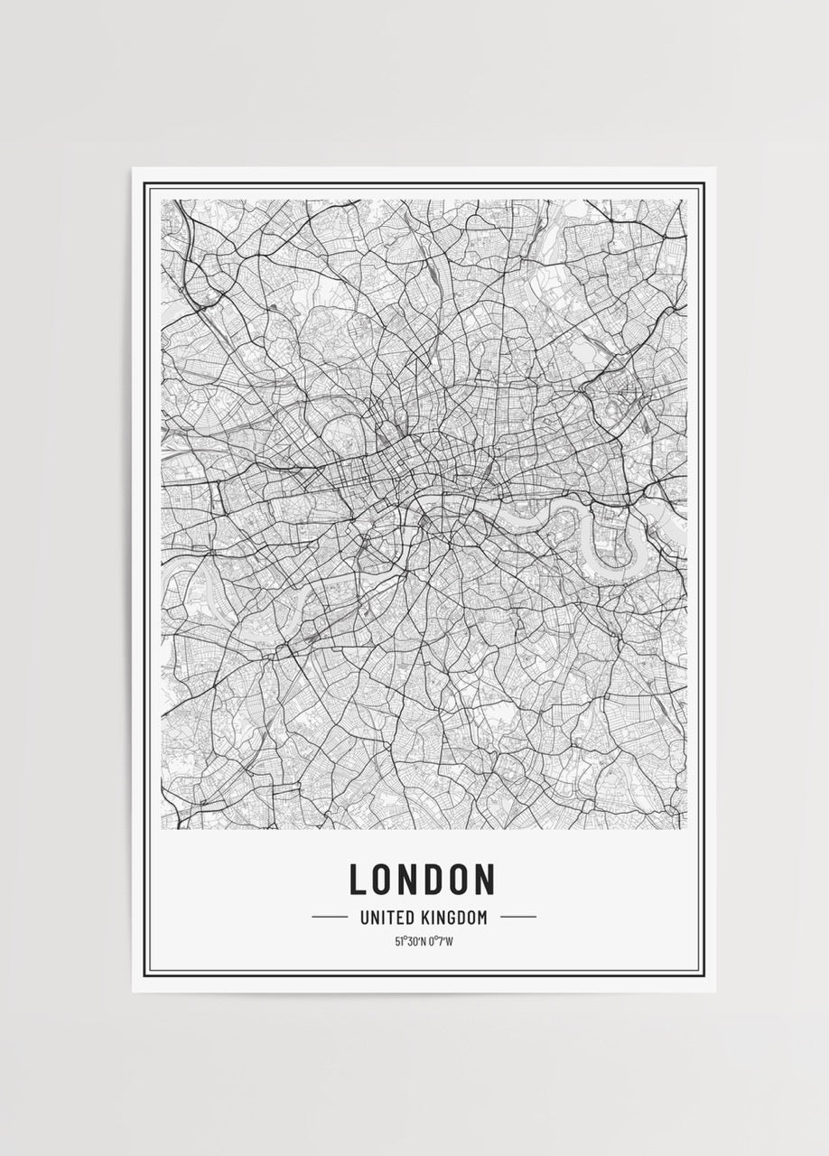 Detailed black and white map of London, ideal for wall art.
