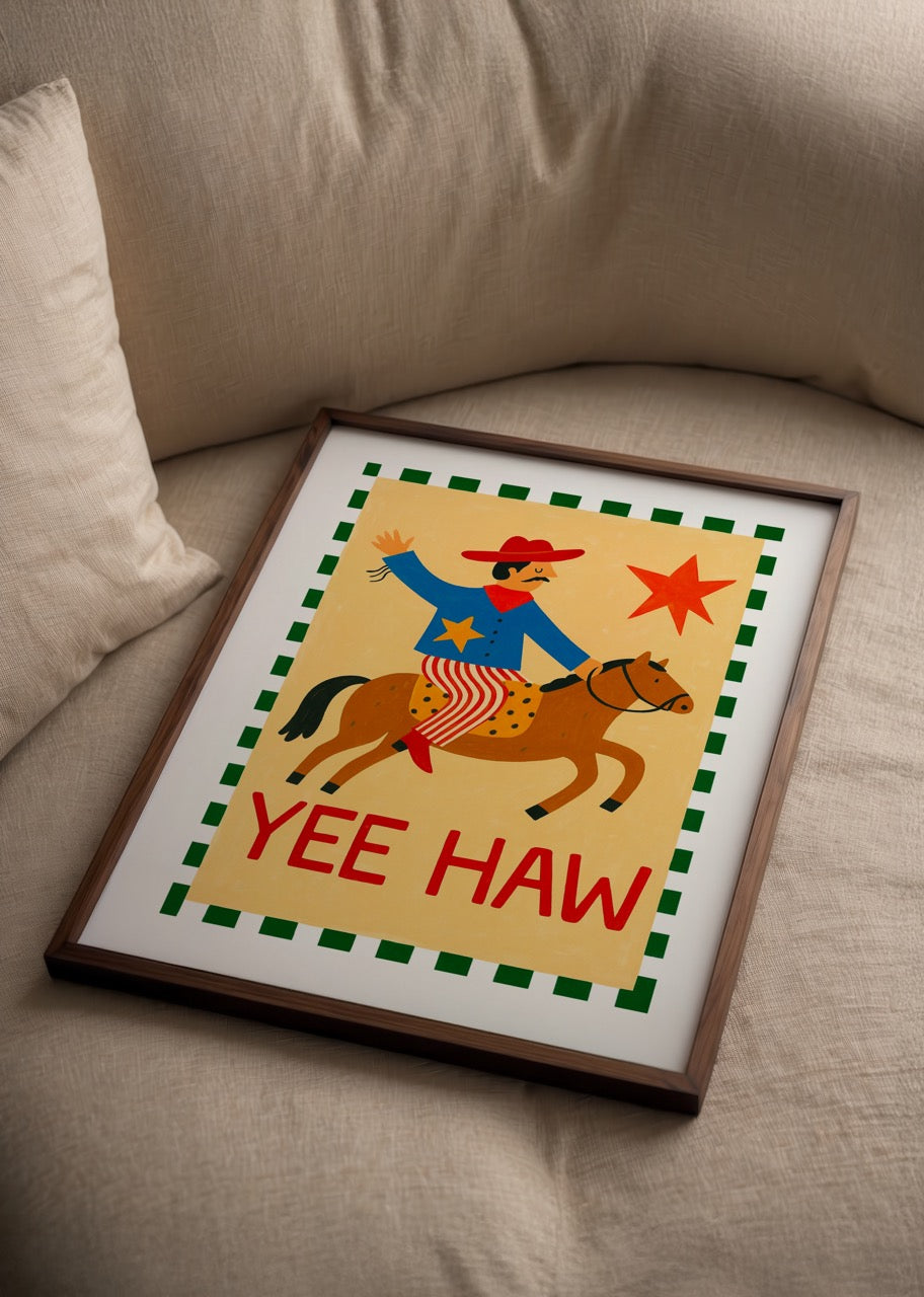 Colourful Lone Cowboy Poster Print featuring a cowboy on a horse with a star.