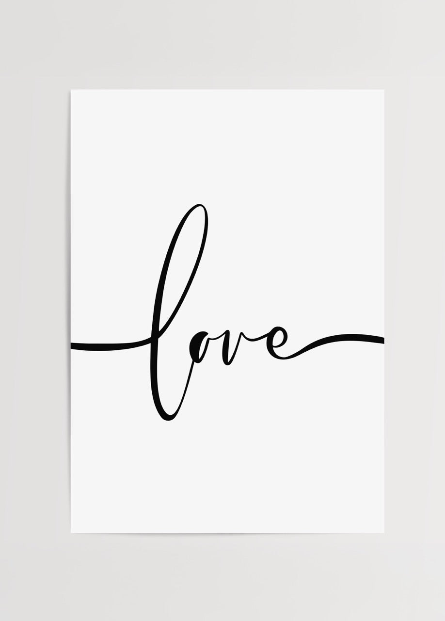 Minimalist typography art print featuring the word love in elegant script.