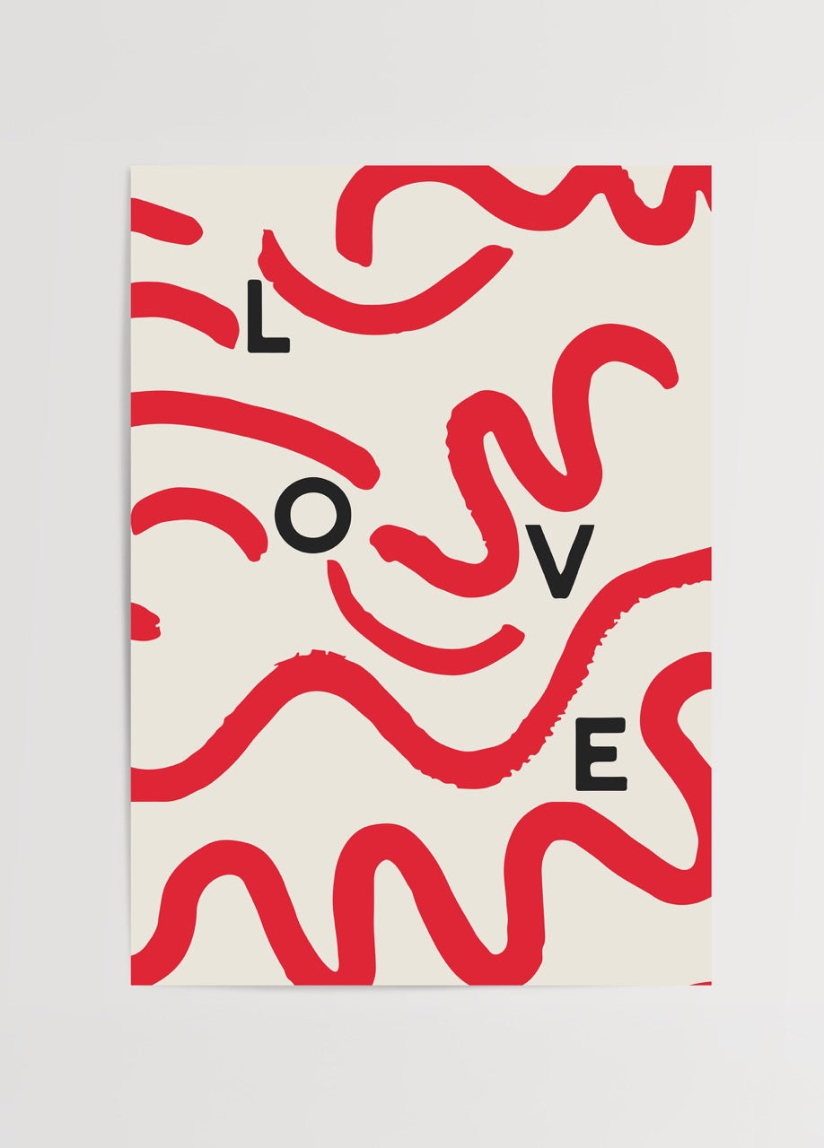 Abstract wall art featuring bold red waves and the word LOVE on a beige background.