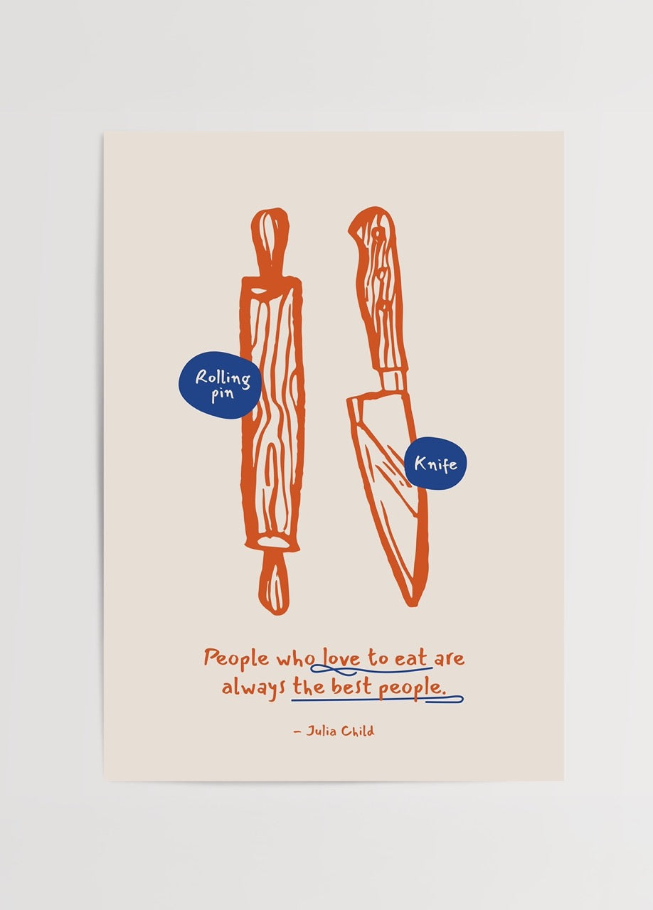 Culinary wall art featuring a rolling pin and knife with a quote about love for food.