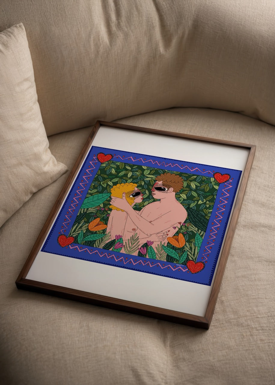 Vibrant illustration of a couple in love surrounded by foliage.