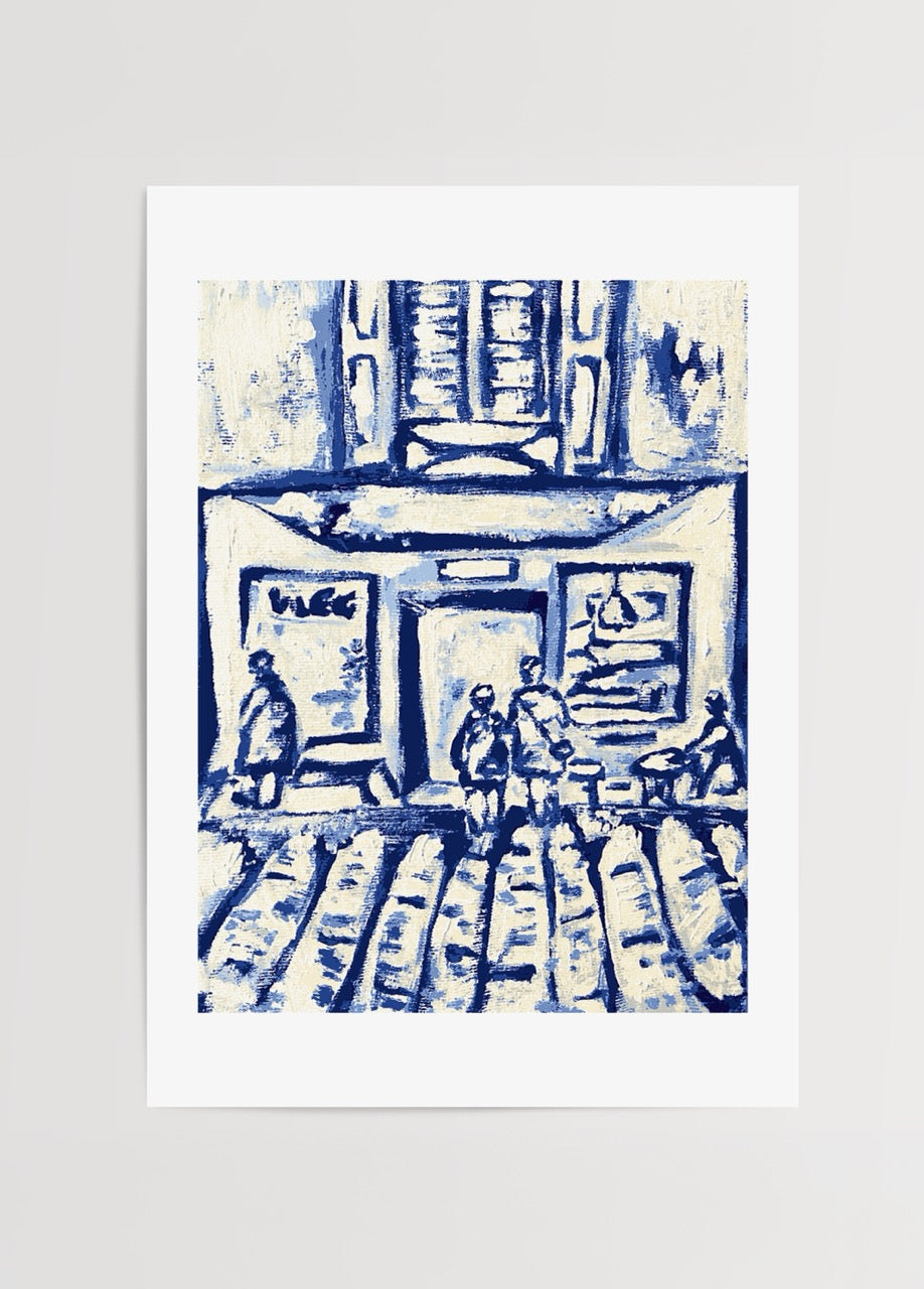 Lurji People artwork showcasing lively figures in blue tones.