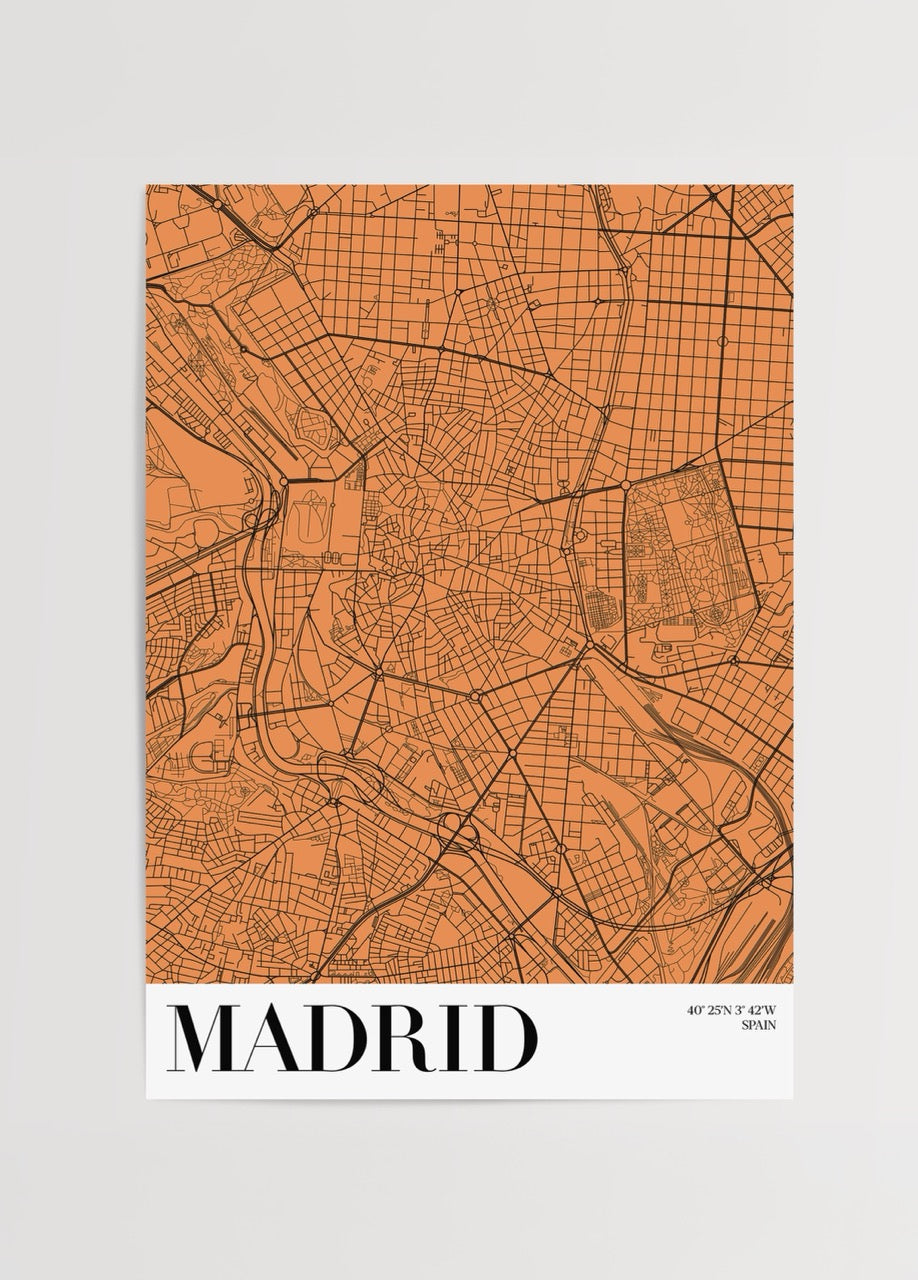 Elegant map of Madrid in orange and black, perfect for wall art.
