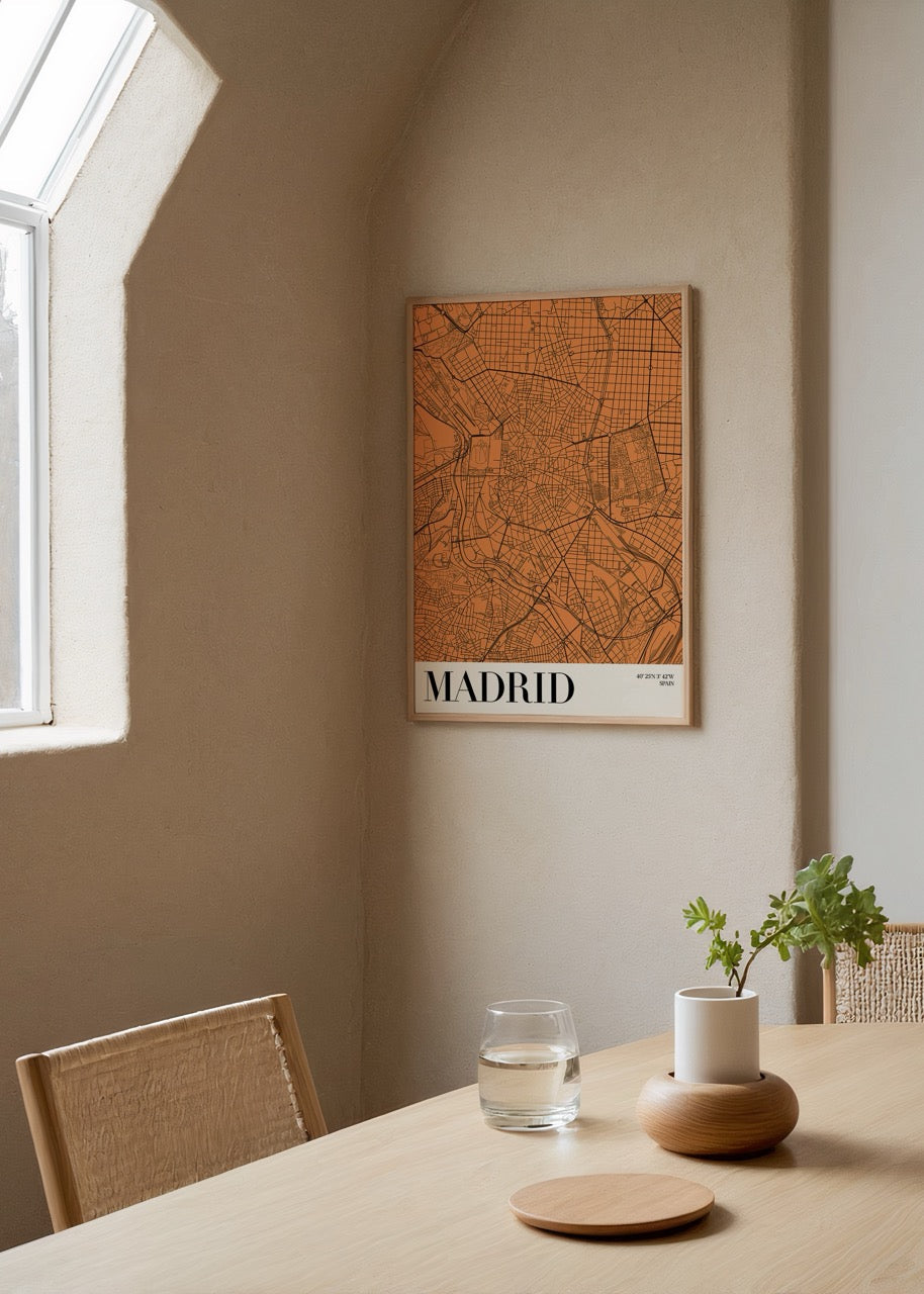 Elegant map of Madrid in orange and black, perfect for wall art.