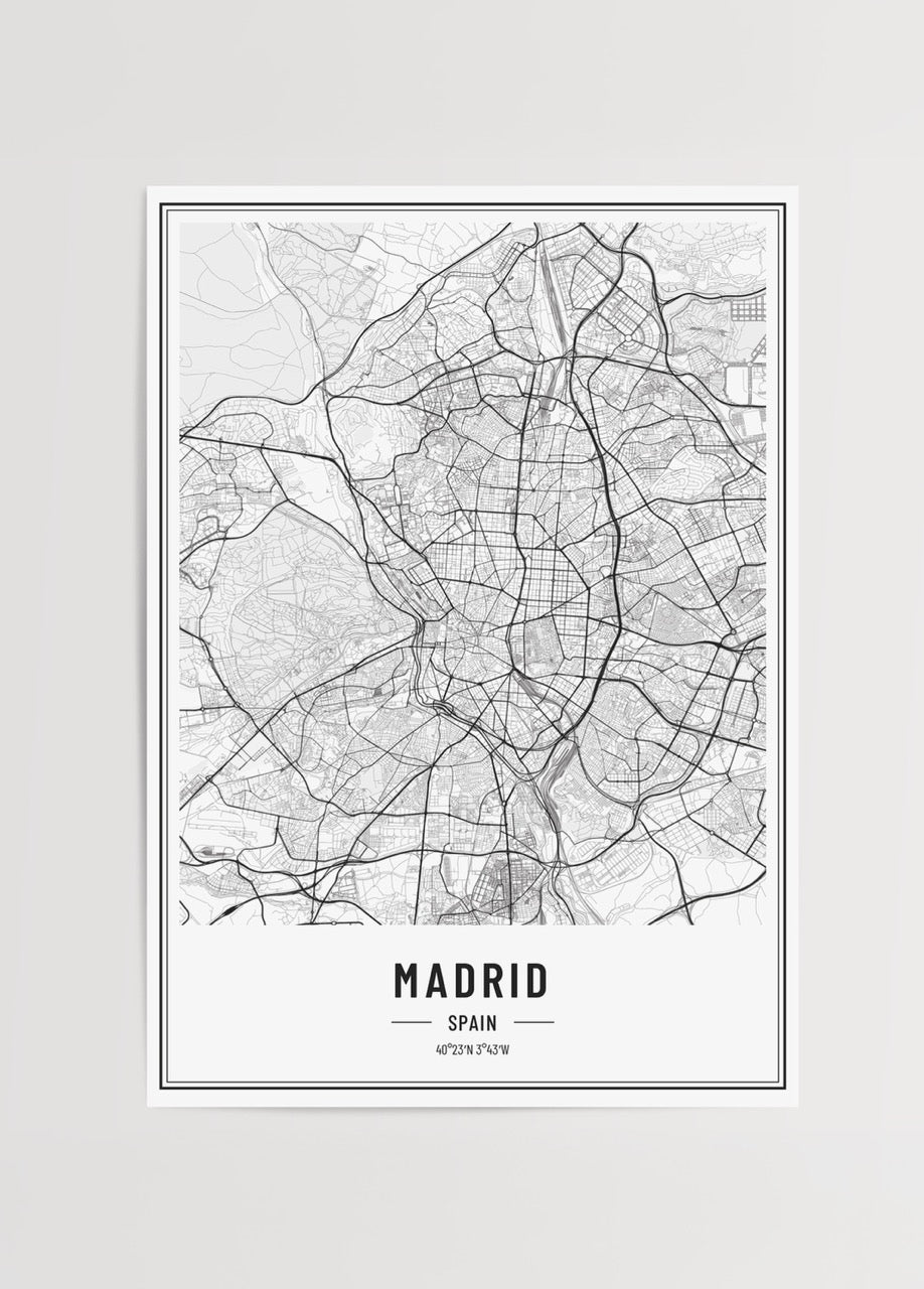 Elegant black and white Madrid city map wall art for modern interiors