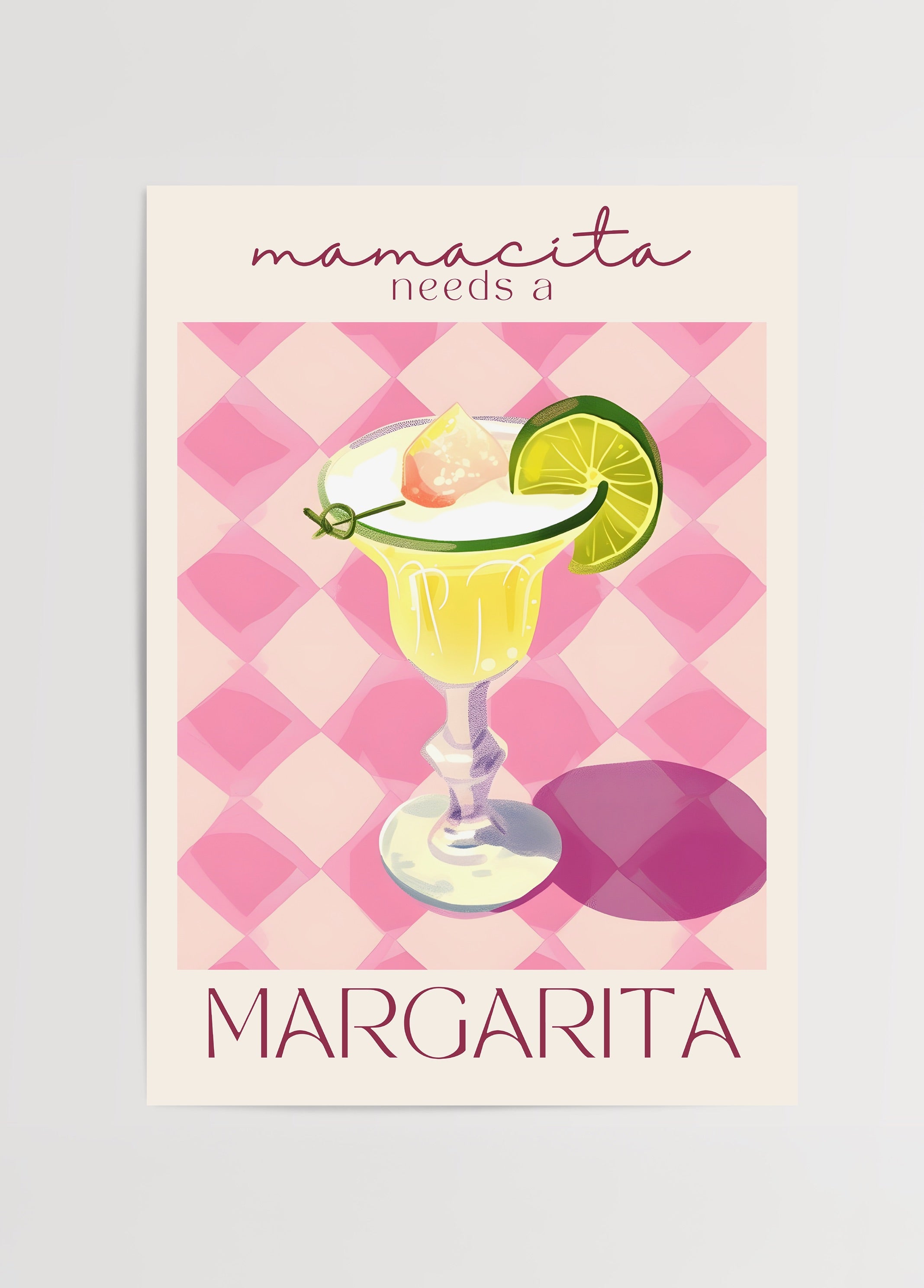 Illustration of a Margarita cocktail with lime on a pink background.
