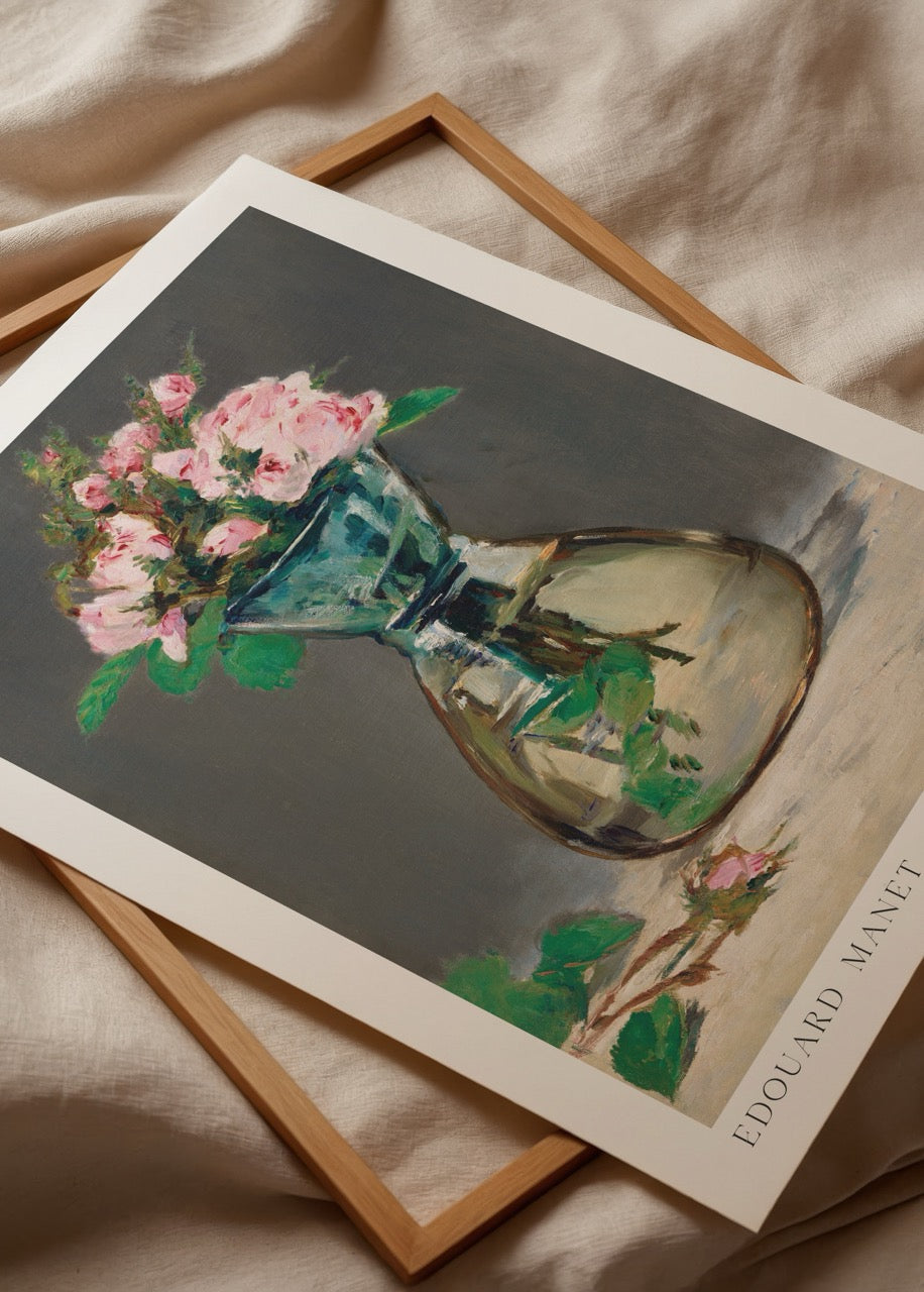 A serene artwork featuring pink roses in a glass vase, perfect for wall decor.