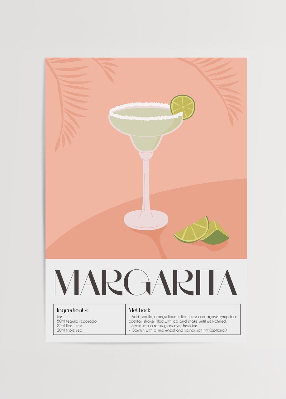 Stylish Margarita cocktail recipe art print with minimal design.