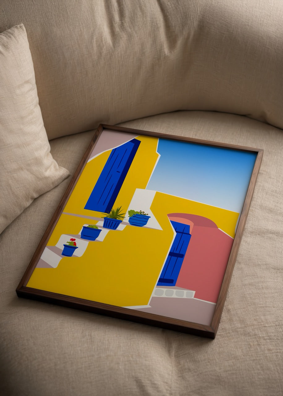 Vibrant Marrakesh poster print featuring colourful architecture and potted plants.