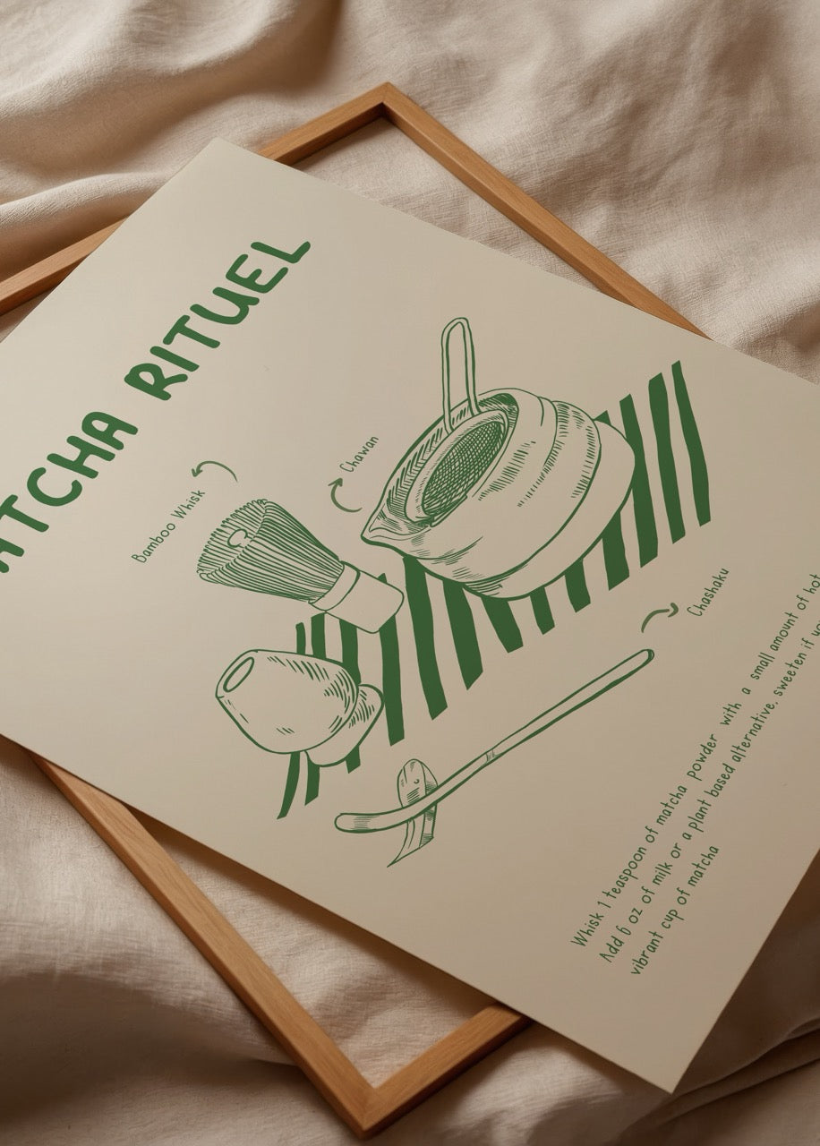 Illustrative artwork of matcha preparation tools on a beige background.