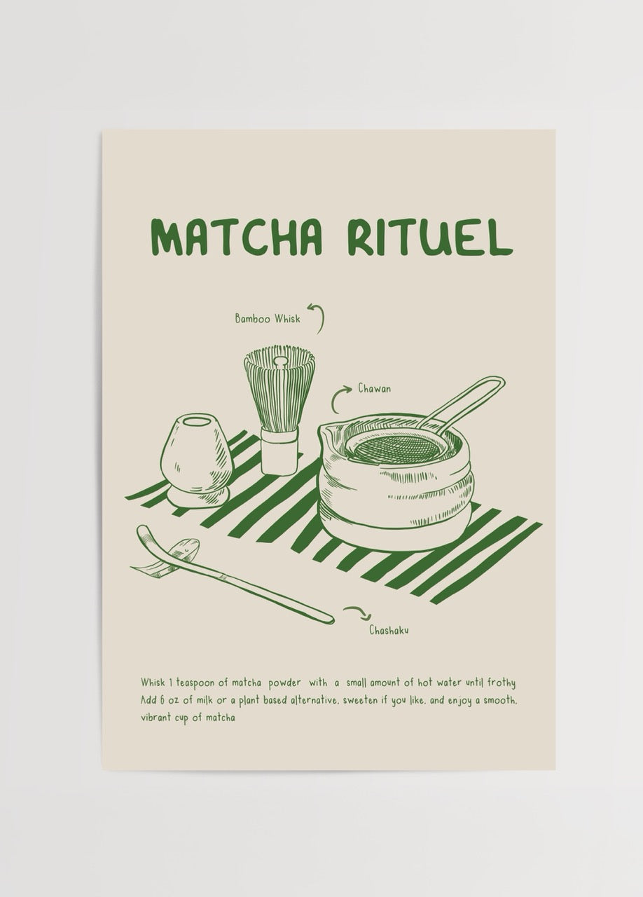 Illustrative artwork of matcha preparation tools on a beige background.