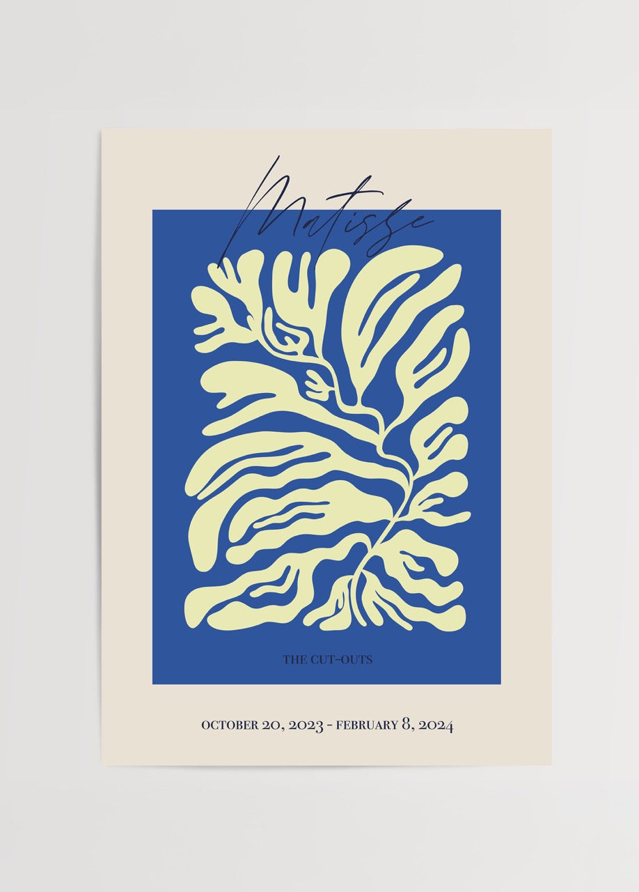 Oceanic Leaf Cut-Out Art Print with blue background and yellow shapes