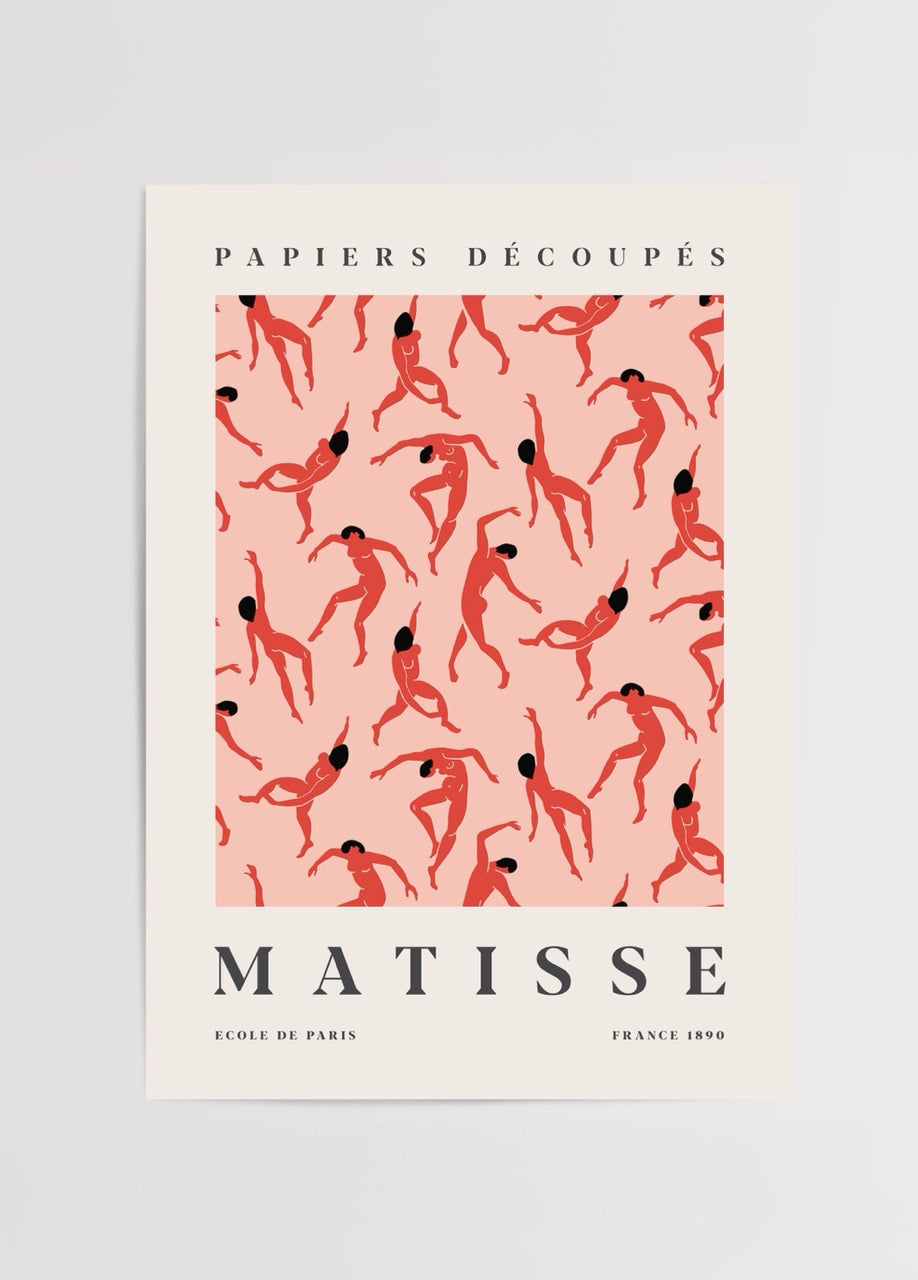 Vibrant cut paper art print featuring dynamic dancers on peach background.