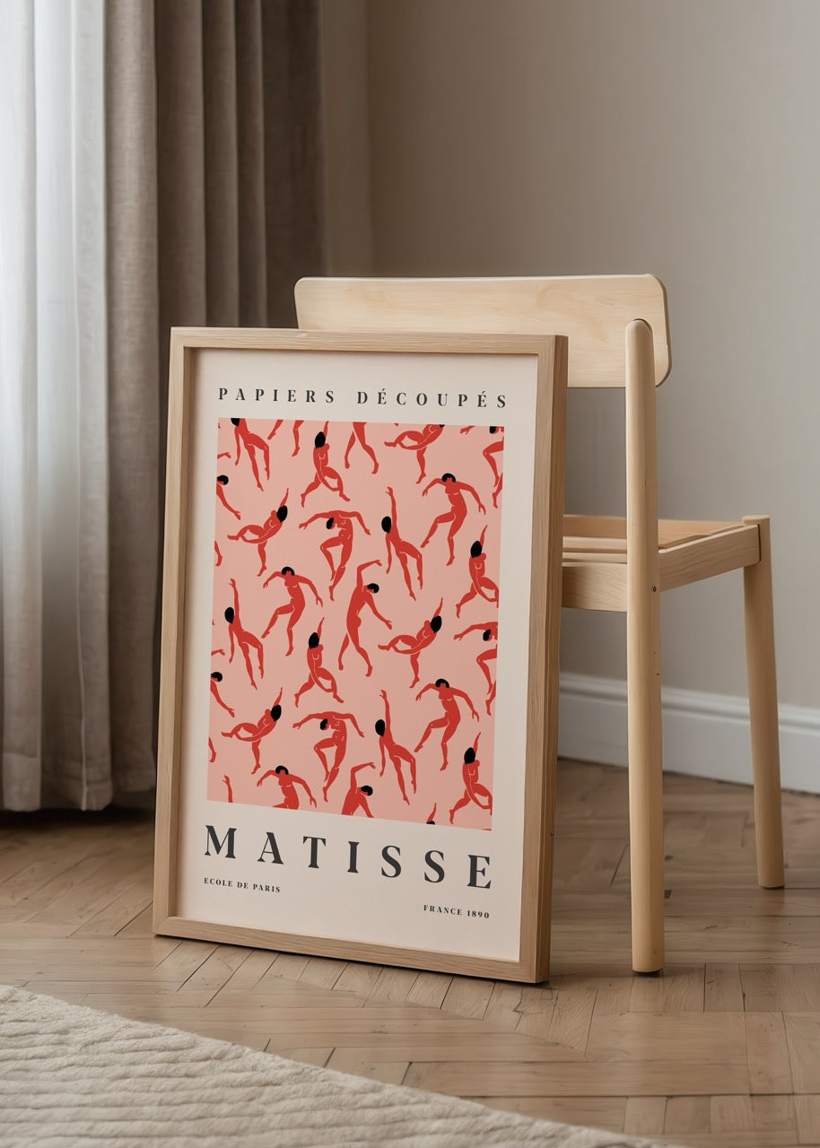 Vibrant cut paper art print featuring dynamic dancers on peach background.