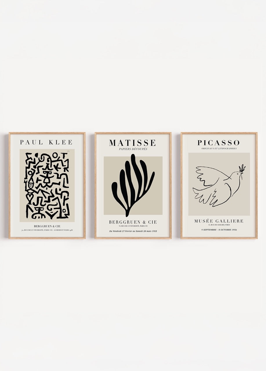 Three contemporary abstract art posters in a stylish frame.