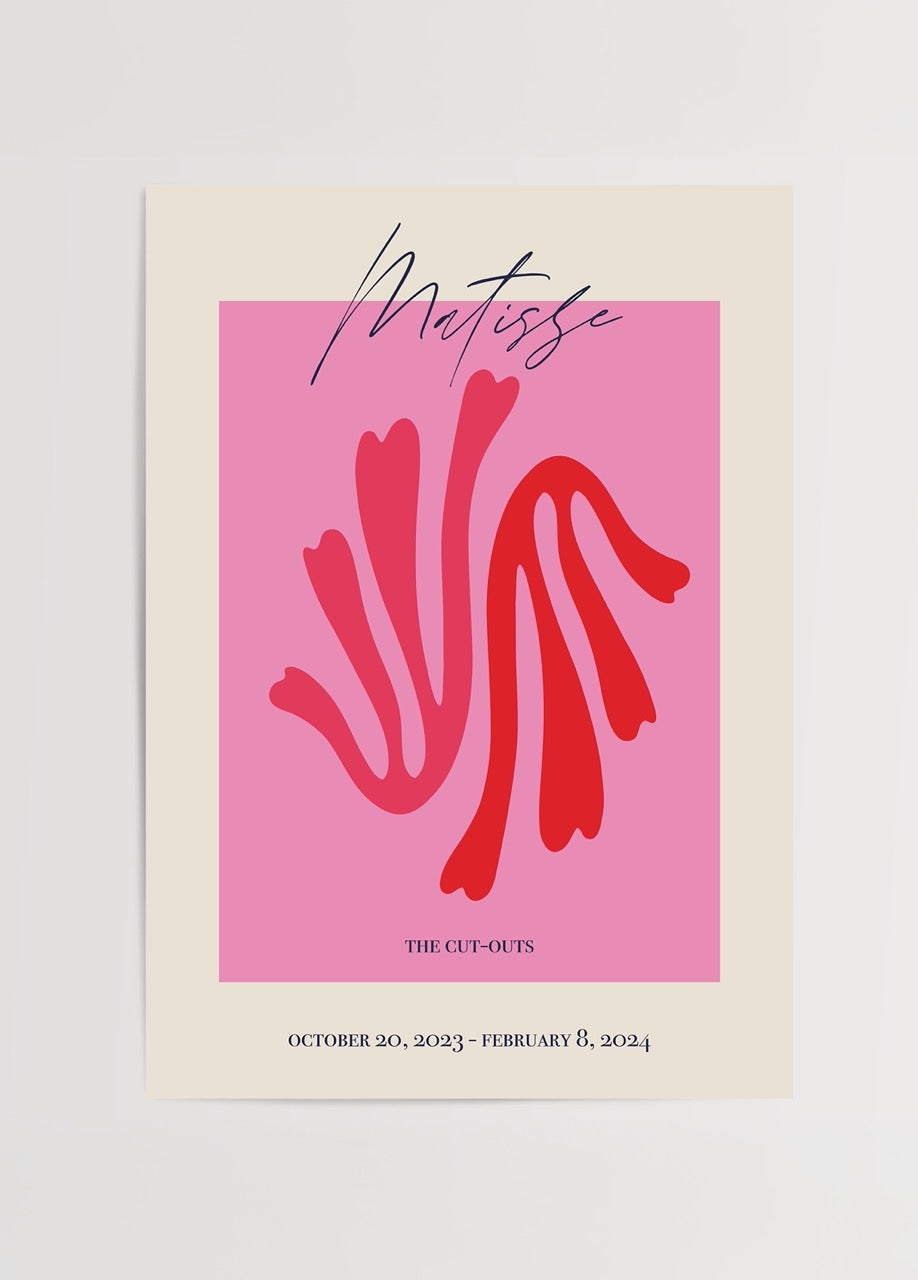 Vibrant cut-outs art poster featuring bold shapes in pink and red.