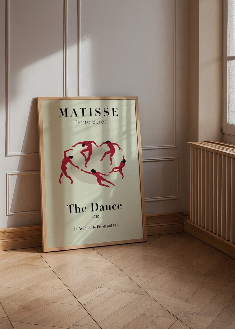Dynamic Harmony: The Dance poster featuring fluid red figures on a soft background.
