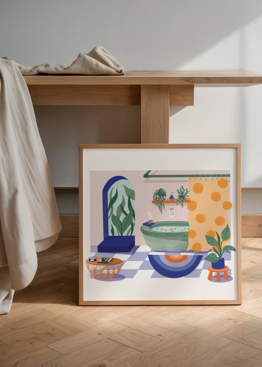Illustrative artwork of a serene bathroom setting with vibrant plants and a relaxing atmosphere.
