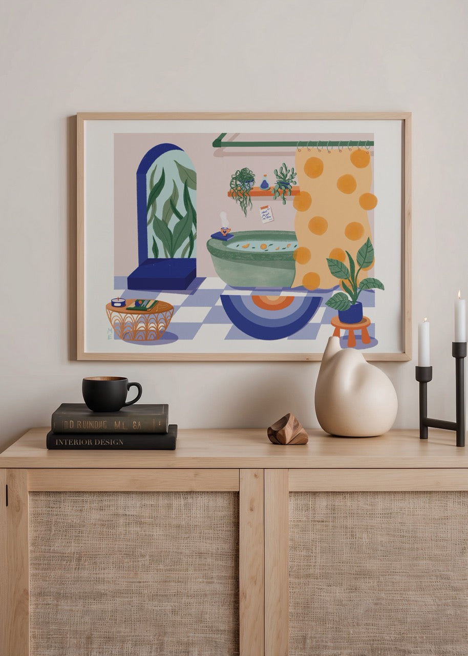 Illustrative artwork of a serene bathroom setting with vibrant plants and a relaxing atmosphere.