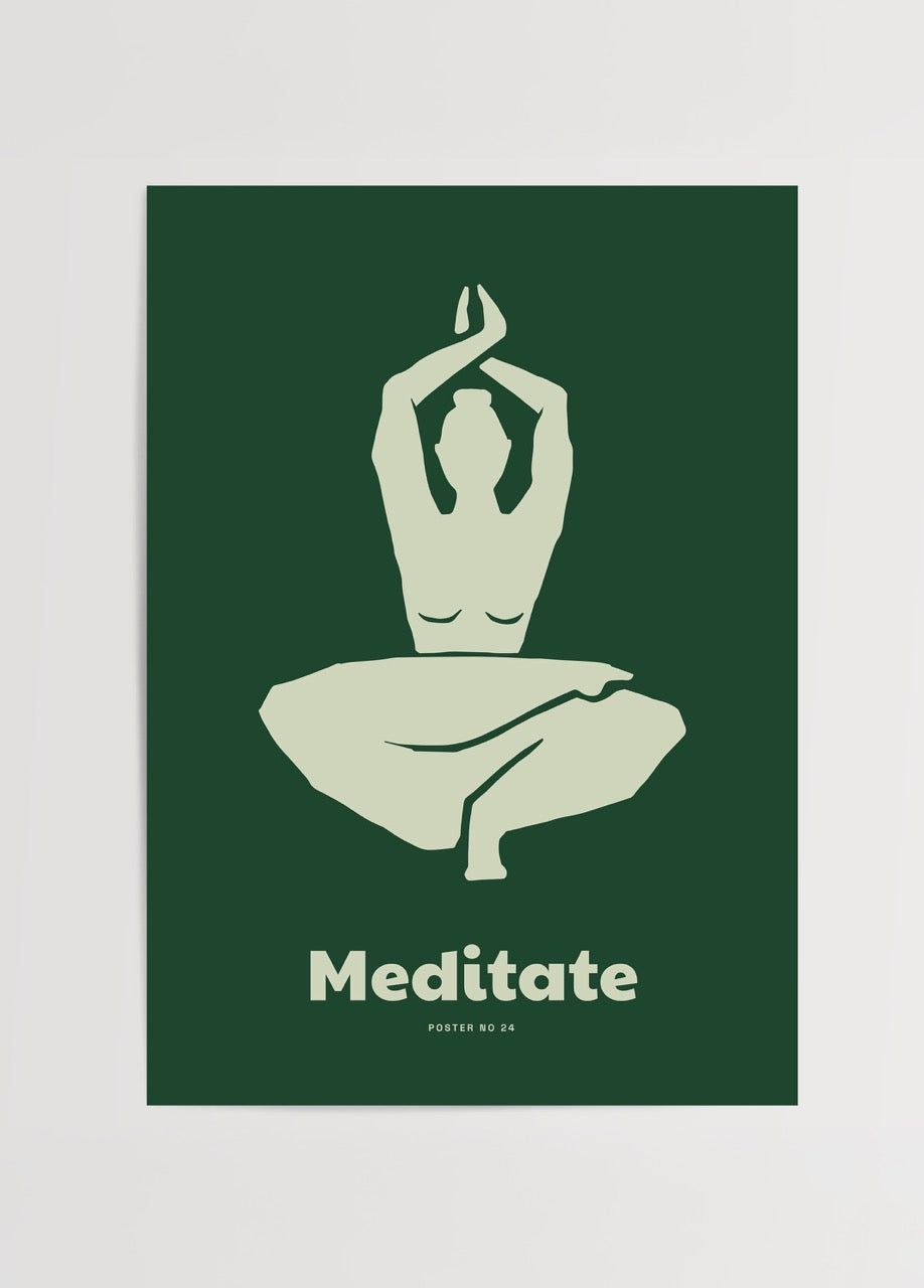 Meditate – Poster No. 24 featuring a minimalist design of a meditative pose on a green background.