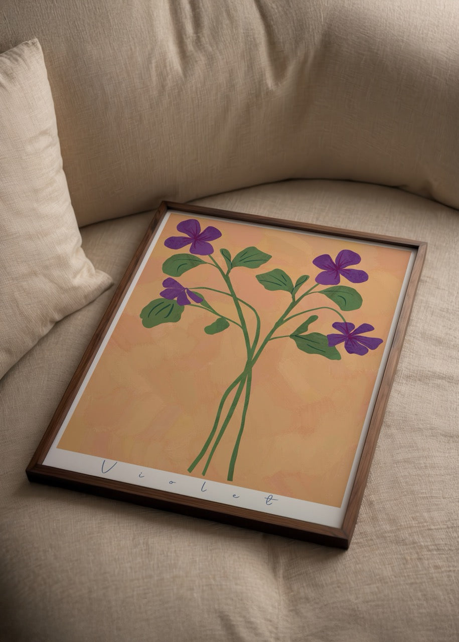 Vibrant violet flowers illustrated on a warm background, perfect for wall art.