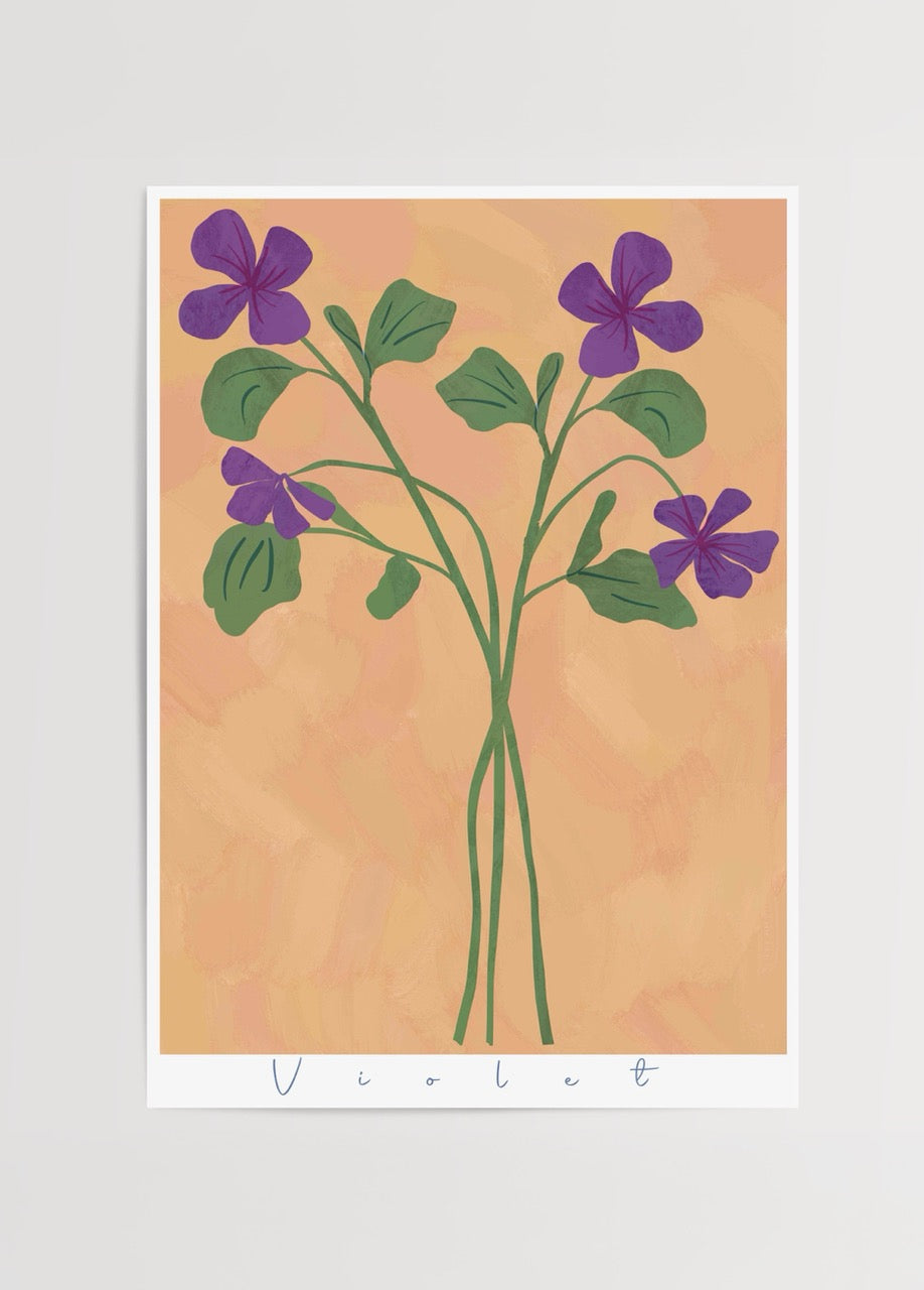 Vibrant violet flowers illustrated on a warm background, perfect for wall art.