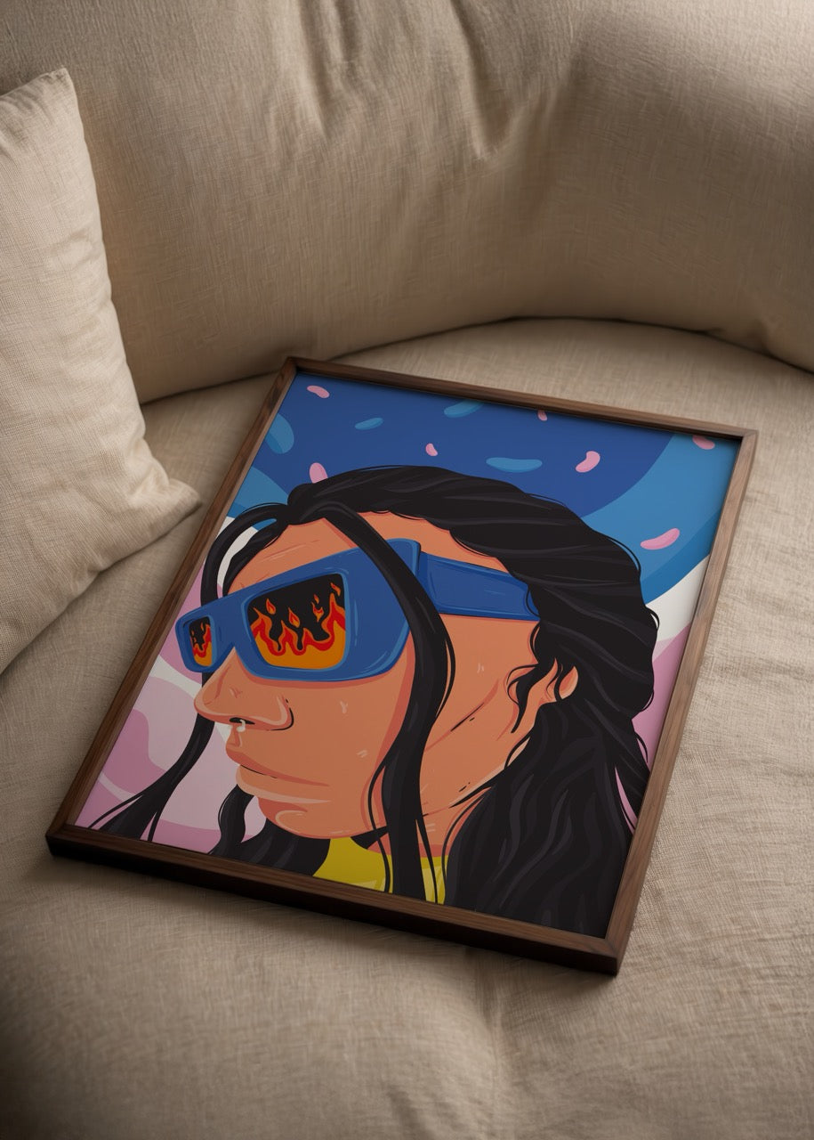 Vibrant Ember poster featuring a character in sunglasses with flames, perfect for modern interior styling.