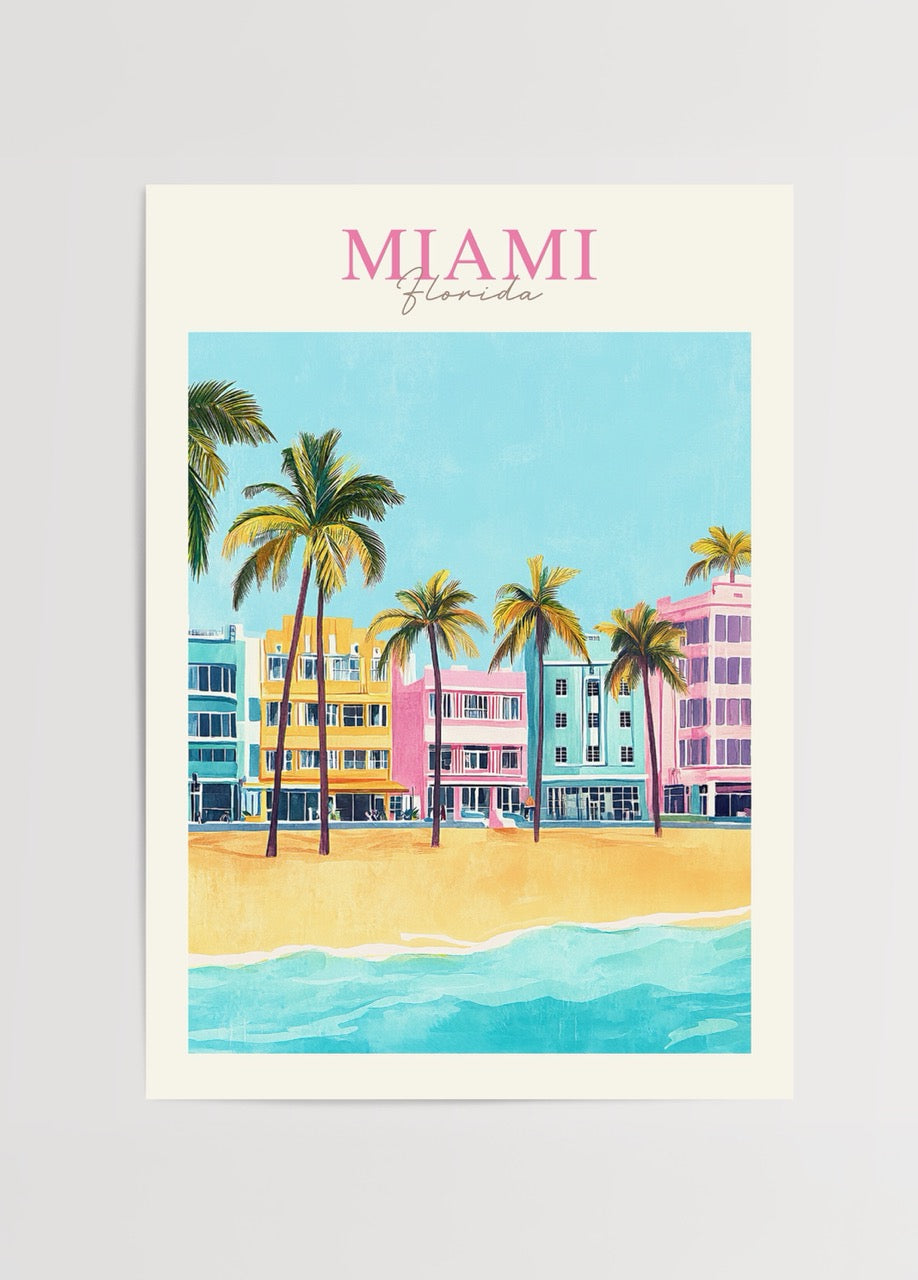 Vibrant poster of Miami, showcasing pastel buildings and palm trees by the beach.