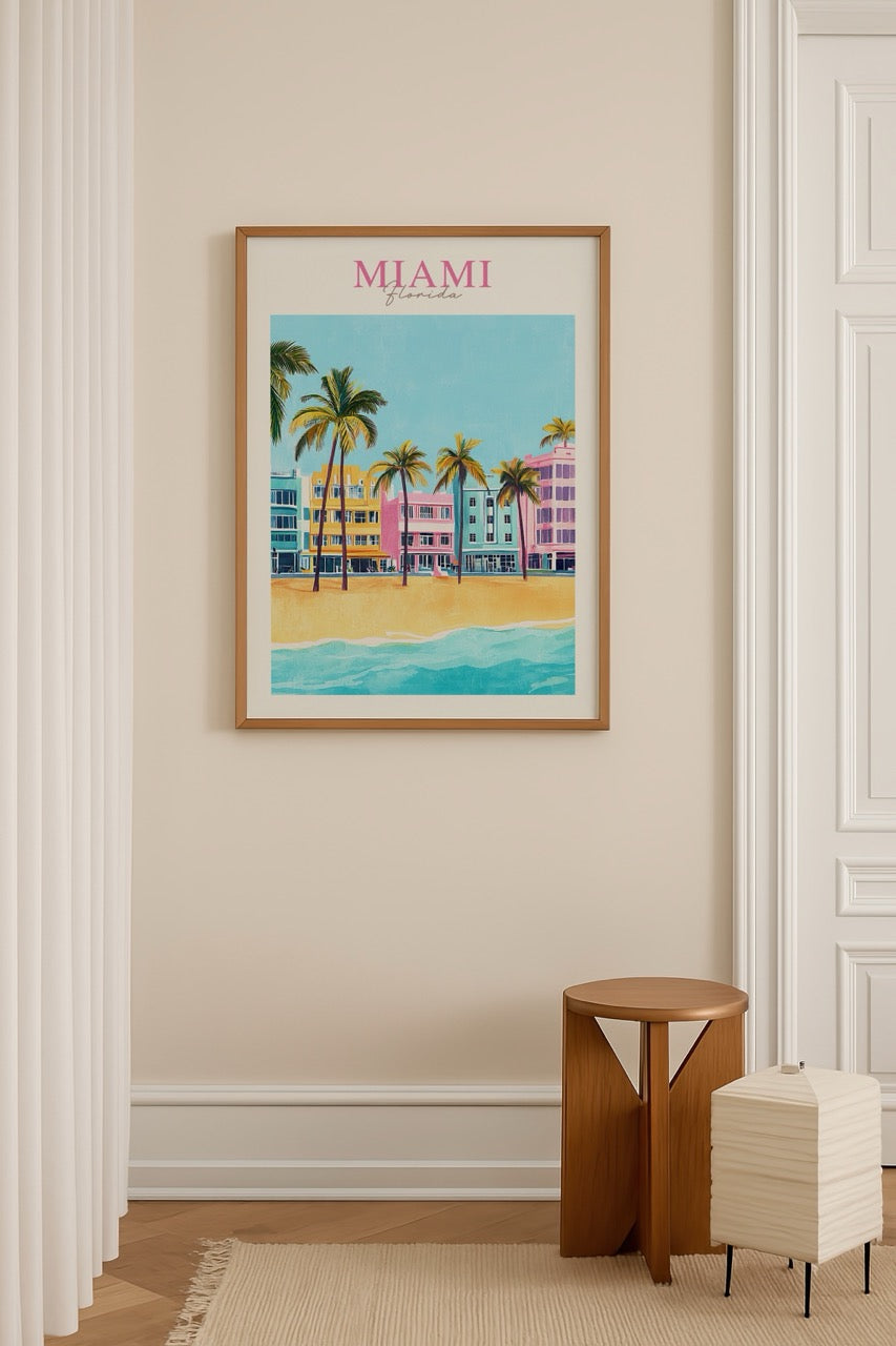 Vibrant poster of Miami, showcasing pastel buildings and palm trees by the beach.