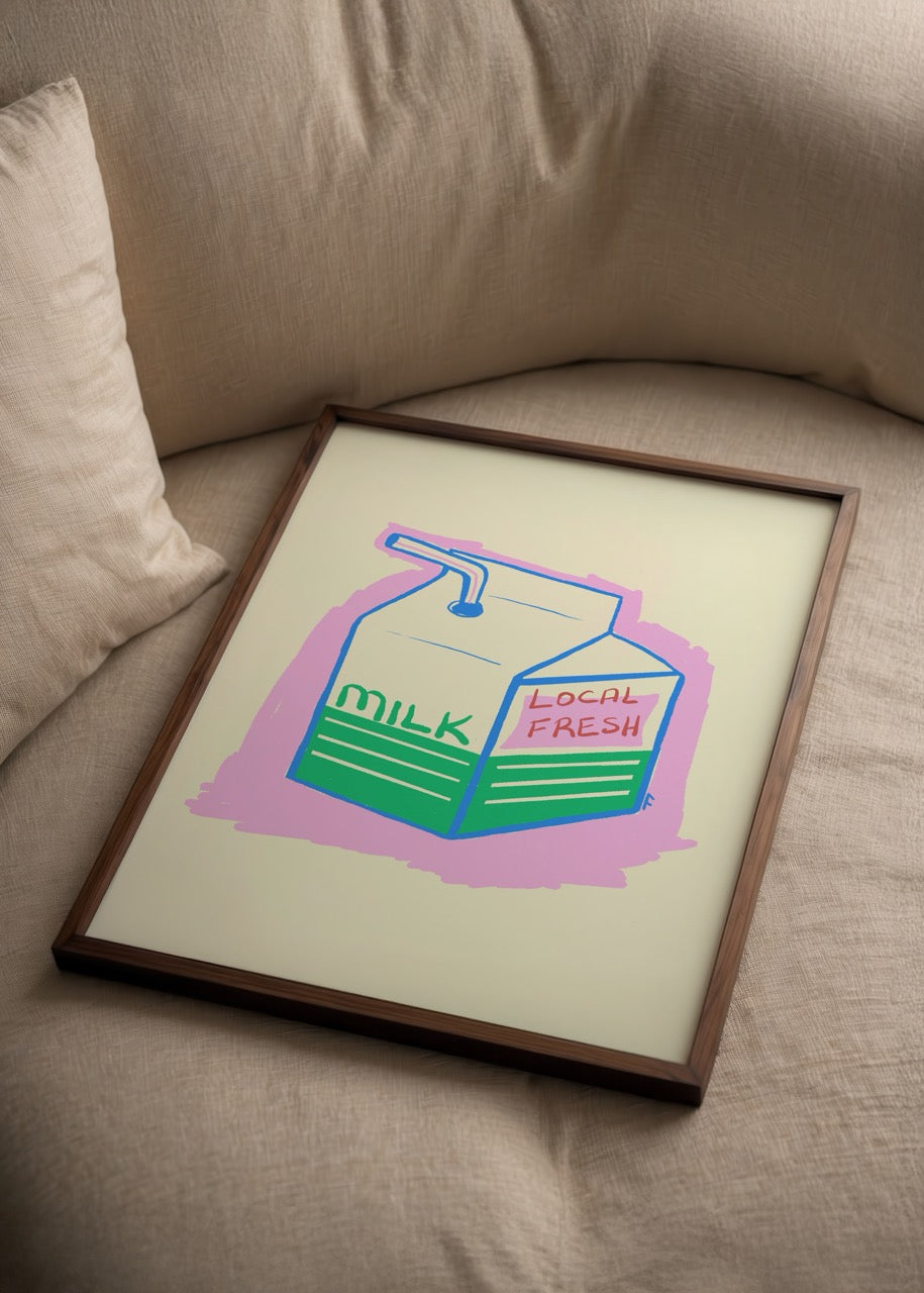 Playful illustration of a milk carton on a pastel background.