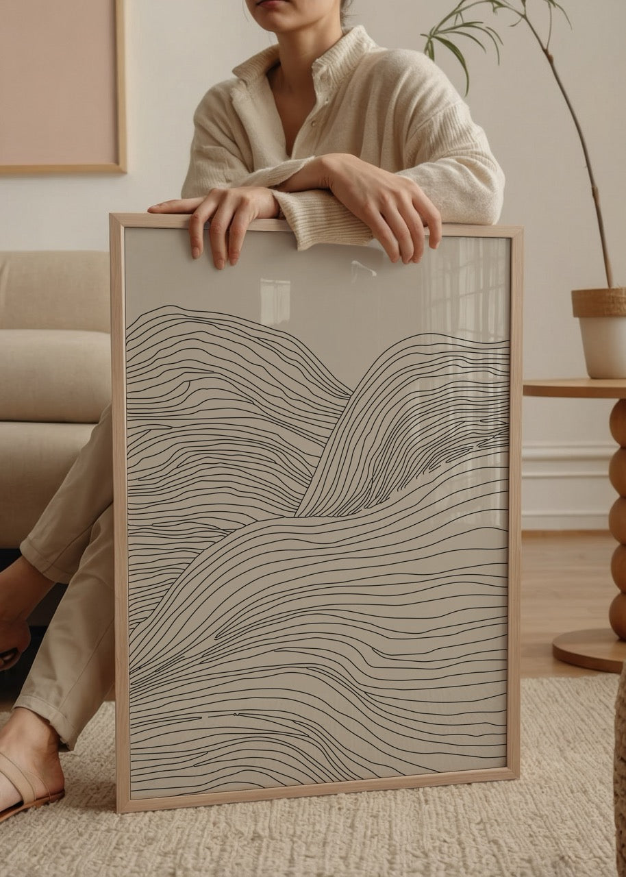 Serene topographic line art print with flowing lines.